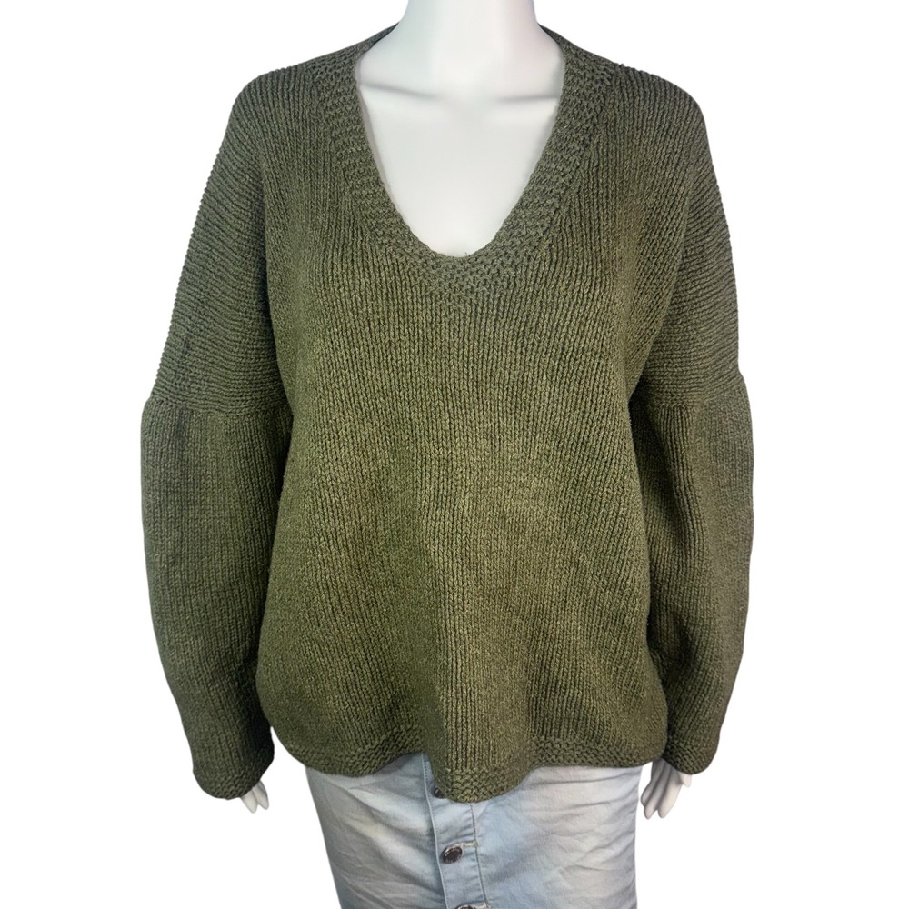 Hand‎ Knit Robin Richman Olive Green Chunky Knit V Neck Sweater Oversized